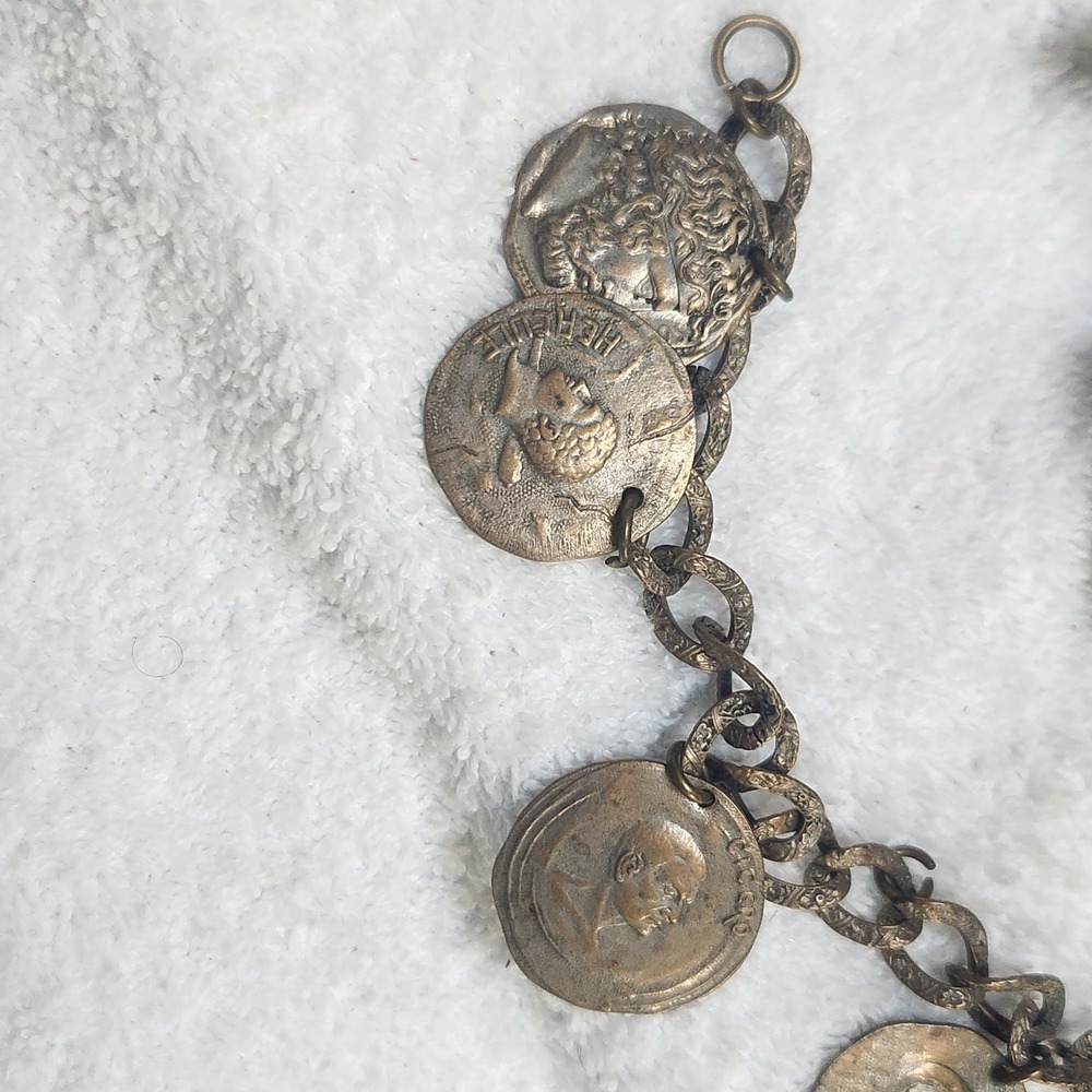Vintage Coin Charm Bracelet Hercules Medallion Brass Tone Ornate Chain AS IS
